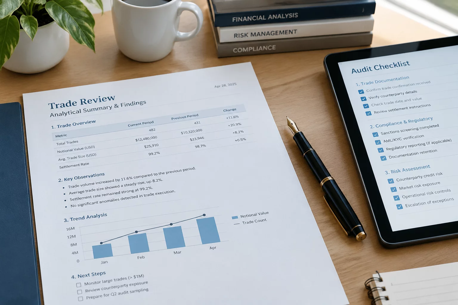 Structured trade journal and Replay Sheet template document resting on an organized analyst desk