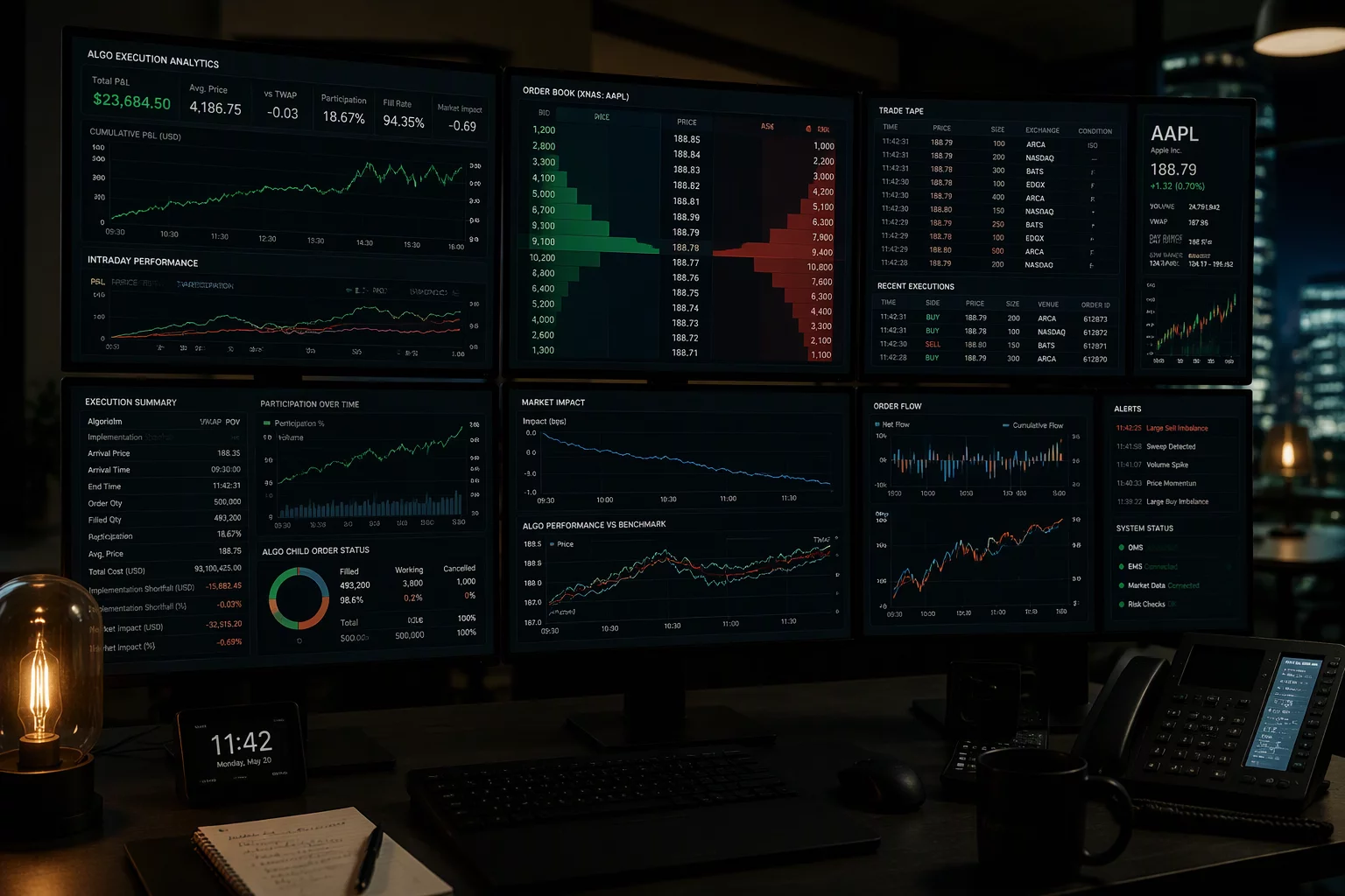 Analytical trade replay workstation showing execution mismatch charts